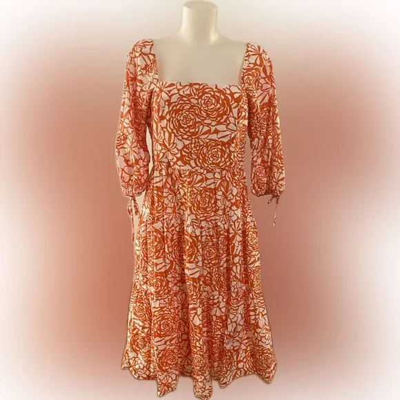 Amanda Uprichard Francine Floral cotton MIDI dress size large orange white - Picture 2 of 6